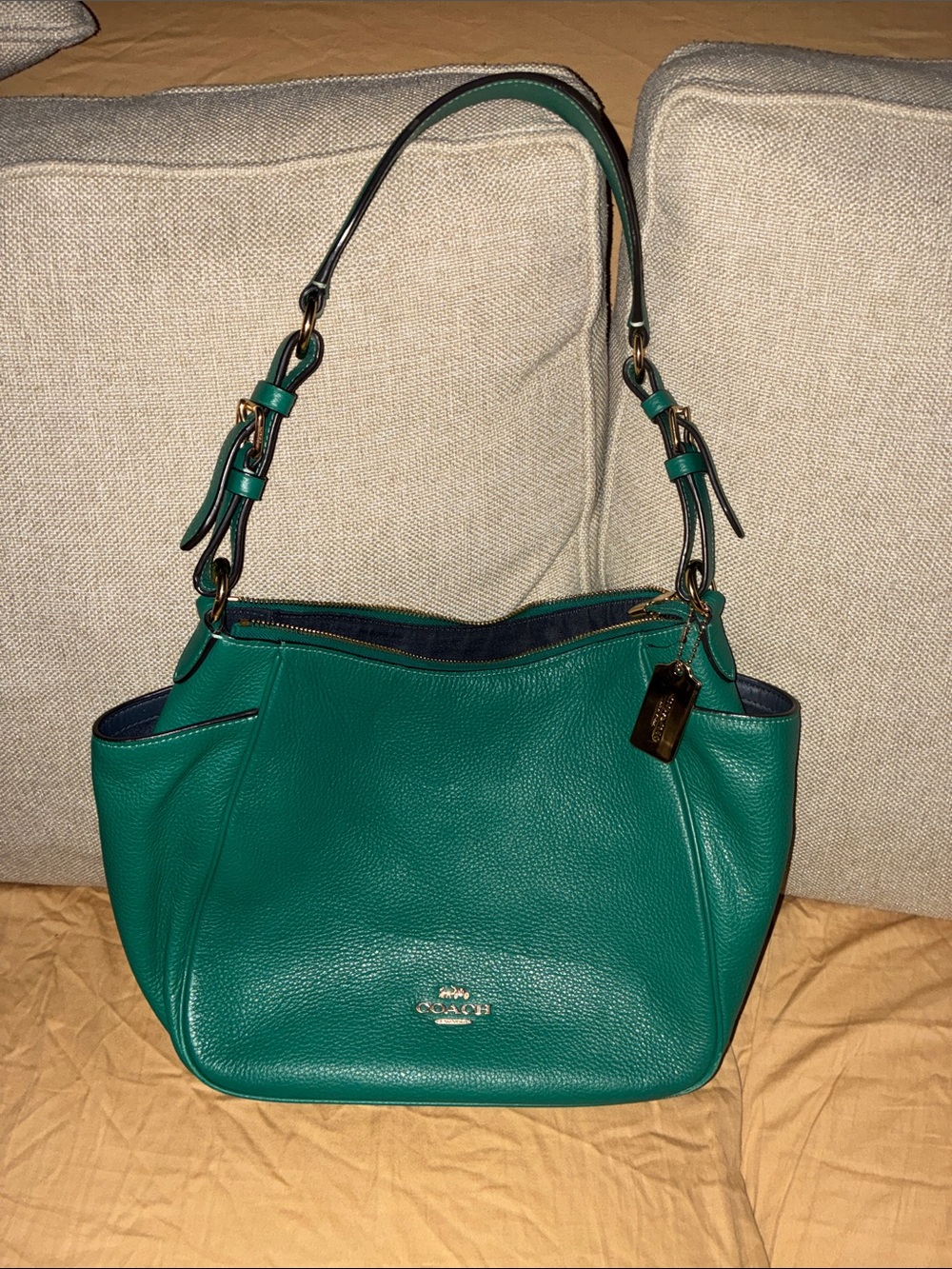 Coach Teal Green Pebbled Leather Shoulder Bag with Gold Hardware